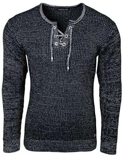 Subliminal Mode - Pull Over Homme Col Arrondi avec Cordon de Serrage Chic et Tendance Tricot Hiver en Maille Chiner Idée Cadeau Noel BX52132 Noir M