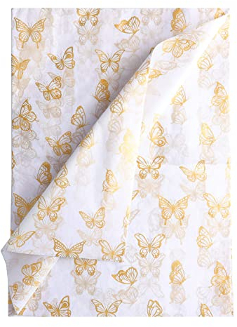 KINBOM 30 Stück 35x50cm Gold Schmetterlings Geschenkpapier Seidenpapier, Gold Seidenpapier zum Verpacken für Weihnachten Hochzeit Geburtstagsfeier Babypartys Heimwerken Kunst (Weiß Hintergrund)