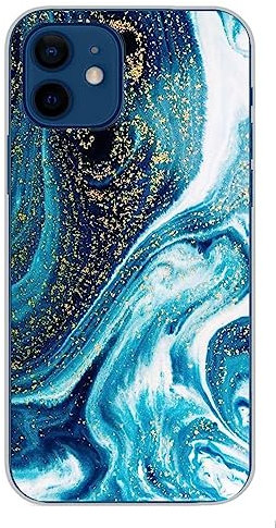 1001coques Coque Compatible avec Apple iPhone 12 - Housse Fine en Silicone Transparente - Design marbre Bleu Paillete