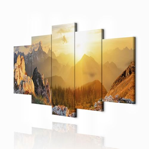 decomonkey Bilder Berge Gebirge 150x75 cm XXL 5 Teilig Leinwandbilder Wald | Strukturleinwand, Holzkeilrahmen, Bild auf Leinwand, Wandbild, Kunstdruck, Wanddeko, Wohnzimmer, Wanddekoration, Natur
