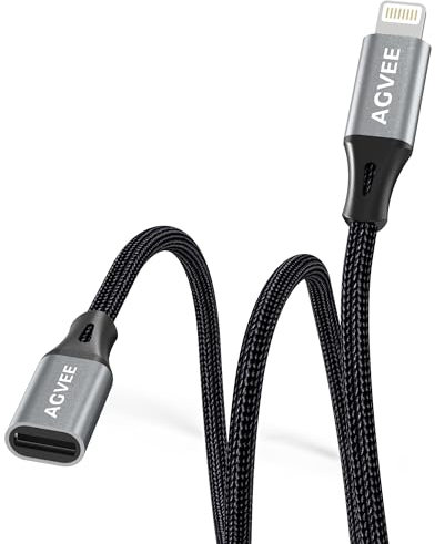 AGVEE 3.3ft Lightning Extension Cable, Braided Female to Male Extender Full Function Cord Compatible with iPhone iPad, Data Sync Video Audio & Charging Connector Adapter, Dark Gray