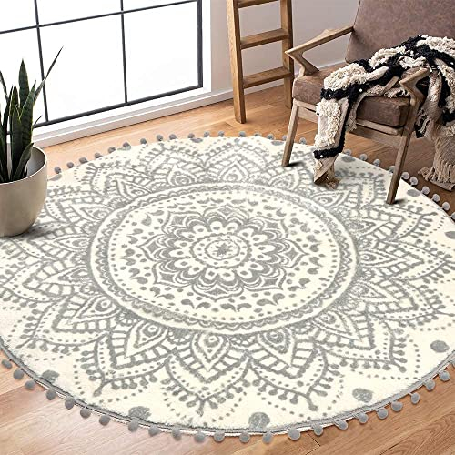 KIMODE Boho Runder Grau Teppich 120cm Mandala Schlafzimmer Weicher Großer Teppich mit Pom Pom Fransen rutschfest Waschbar Akzentüberwurf für Schlafzimmer, Sofa, Kinderzimmer