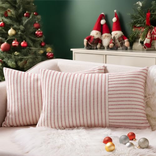 YCOLL 2er Set Kissenbezug 30x50 Baumwolle Leinen Kissenhülle Sofakissen Streifen Dekokissen Boho Deko Kissenhüllen Dekorativ Kissenbezüge für Sofa Wohnzimmer Schlafzimmer Outdoor Kissen 30x50 Red