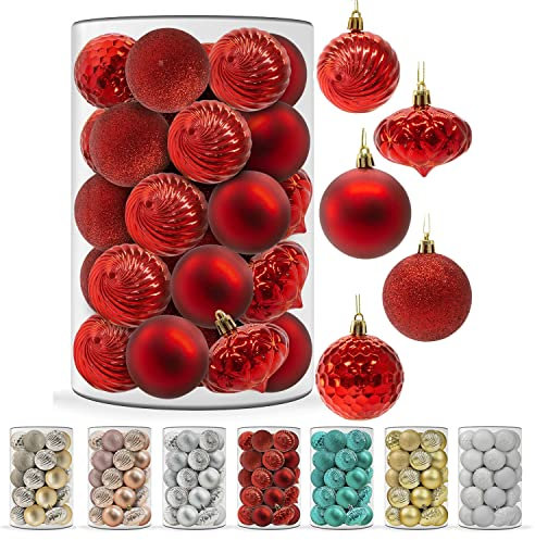 Festive Fix 34Pcs Hanging Christmas Baubles in Red – 6cm 5-Finish Ball Xmas Trees Decor Ornaments with Strings | Shatterproof Decorative Glitter Balls for Christmas Holiday Party Decorations