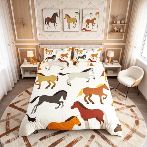 Cartoon Horse Duvet Cover Set - Galloping Horse Bedding Set - Cute Animal Decor Quilt Cover for Boys & Girls - Microfiber Single Size