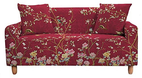 Chickwin Sofabezug 1 2 3 4 Sitzer Sofa Überwürfe Mit Armlehnen, Baum Blume Vogel Drucken Deko Elastisch Weich Stretch Abwaschbar Couch Sofaüberwurf, Sofa Hussen Möbel Deko (rot,3 Sitzer)