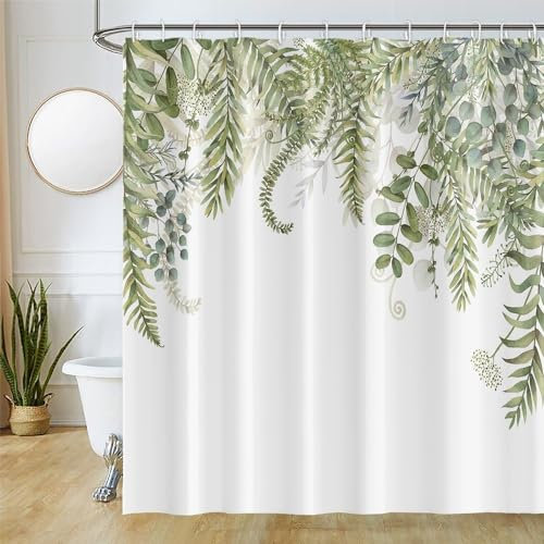 Uiiooazy Rideau Douche Vert, Rideau Douche 240x180cm Anti Moisissure Feuilles d'eucalyptus Fleuri Motif Rideaux de Baignoire Tissu Lavable Imperméable Polyester Rideaux Salle de Bain avec 12 Crochets