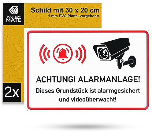 Hinweisschild ACHTUNG! ALARMANLAGE! Grundstück wird videoüberwacht!, 2 Stück, 30 x 20 cm, 1 mm starkes PVC Schild mit Bohrlöchern, Warnschild alarmgesichert für Innen- und Außenbereich, CCTV Hinweis