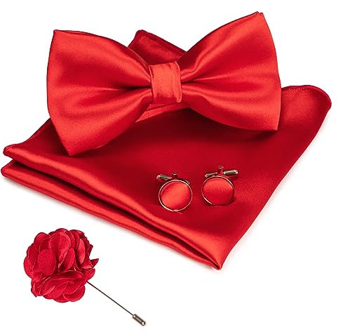 JEMYGINS Herren Fliege Satin Rot (6) Fliege und Einstecktuch mit Manschettenknöpfe Brustblume Sets