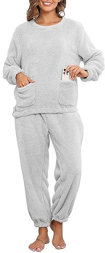 CheChury Pigiama in Pile da Donna Set Invernale Pile di Pigiami Soffici Pigiama Soffici da Donna Set Pullover in Pile Pantaloni Pigiami Larghi in Peluche Pigiama A Due Pezzi da Donna con Due Tasche