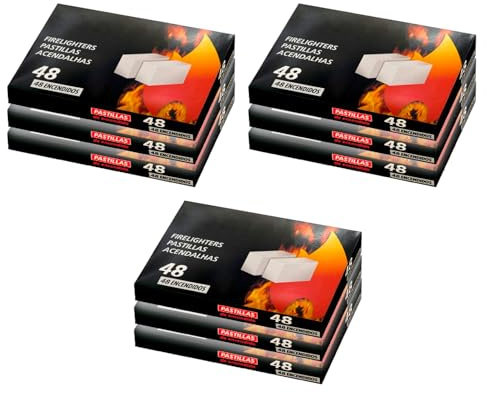 AC - Pack de 9 Paquetes de 48 Pastillas para encender Fuegos - Encendido de barbacoas, chimeneas, hogueras, cocinas de leña, Estufas - Color Blanco