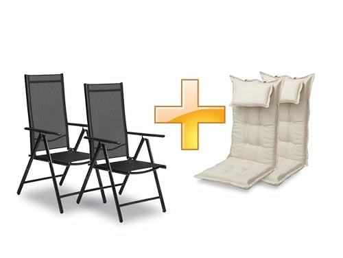 sunnypillow 2er Set Gartenstühle und Gartenstuhlauflagen Hochlehner | 120x50x9 cm Hochlehner Auflage wasserdicht UV-lichtecht | Klappstuhl für Garten Polsterauflagen Stuhlauflage | Cremefarben