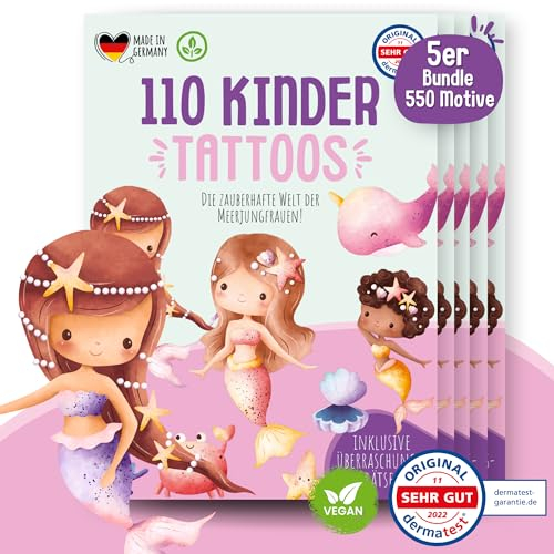 MeinBaby123® 550 hautfreundliche Meerjungfrauen Tattoos | Hauttattoos für Mädchen | Meerjungfrauen Tattoos | Mitgebsel Kindergeburtstag Mädchen - vegan & made in Germany (5er Set Meerjungfrauen)