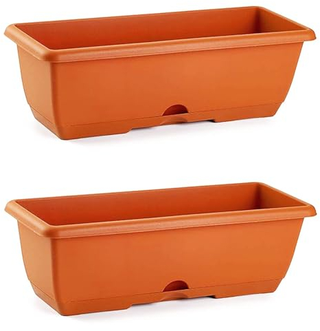 Acan Pack de 2 jardineras balconeras de plástico con Plato sin Soporte, PLFT, 40 x 20 x 17,5 cm de Color marrón. Macetero para Plantas y Flores Rectangular con Agujeros de Drenaje y Bandeja integrada