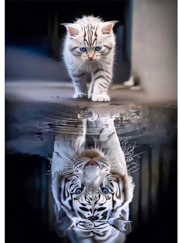 DAERLE DIY Katze und Tiger Diamond Painting Erwachsene Kinder, Diamant Painting Bilder Katze Spiegelung, 5D Diamant Kunst Diamant Malerei Set Cross Stickerei Malerei Kits für Heimdekor 30x40cm