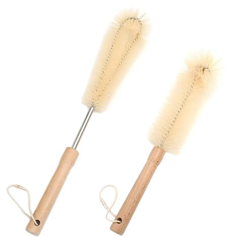 UPTALY 1 brosse à bouteille longue de 38 cm/15 pouces, 1 brosse de cuisine en nylon de 31 cm/12 pouces, manche en bois de hêtre, tête coudée, avec tige en acier inoxydable de 9 mm, pour bouteille
