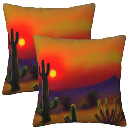 Klassisches quadratisches Kissen, Motiv: Sonnenuntergang Kaktus in Wüste, perfekt gemütlich, vielseitiges quadratisches Kissen