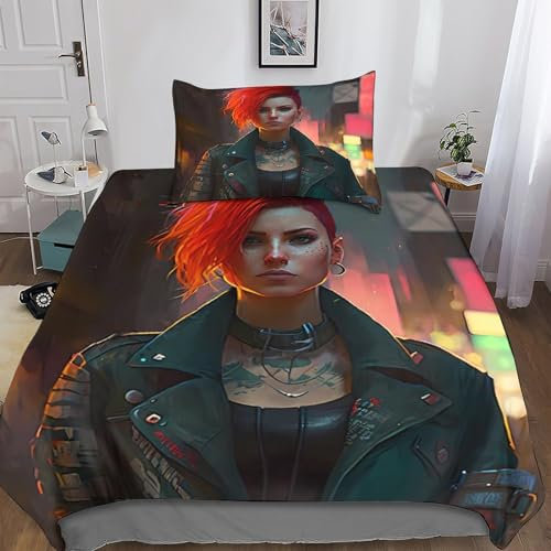 Punk Girl 3D Druck Bettwäsche Bettbezug Set Und Kissenbezug, Bettbezüge Set Für Jungen Und Mädchen Dreiteiliger Cartoon Bettwäsche,Mikrofaser Tröster Set 3 Teilig Sets Single（135x200cm）