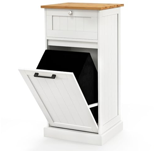 RELAX4LIFE Tilt Out Laundry Hamper, 30L Wooden Pull Out Laundry Cabinet with Removable Clothes Basket & Drawer, Freestanding Bathroom Storage Cabinet for Bathroom, Bedroom,Laundry Room (White)