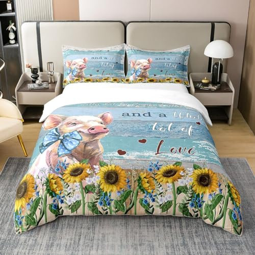 richhome Bauernhaus Schwein 100% Baumwolle Bettbezug, Gelbe Sonnenblumen Floral Tröster Abdeckung die ganze Saison, Blau Tröster Bezug mit 1 Kissenbezug 135x200