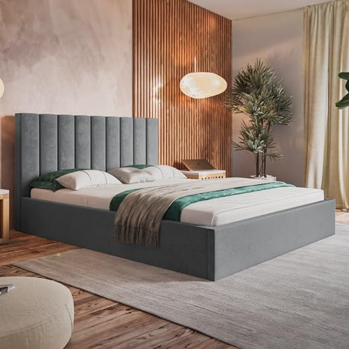 MOTIVENA Wiko Bett 120x200 Samt, Polsterbett 120x200 mit Bettkasten, mit Stauraum, mit Lattenrost, mit Kopfteil, ohne Matratze, Hellgrau