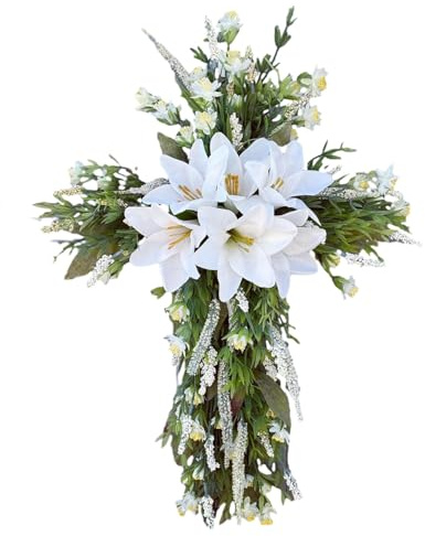 MINGZHE Osterkranz, Tür-Hängedekoration, Rustikale Lilie, Blumen-Osterkranz-Dekor, Blumenstrauß-Girlande, 50 cm, Christliche Ostern-Haustür-Kranz-Dekoration für Haustür-Hängedekoration