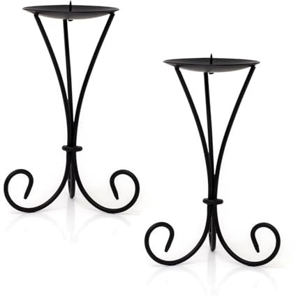 Set of 2 Tall Black Metal Scroll Candle Holders | Pack of 2 Black Pillar Candle Holders Candlesticks | Candle Plates With Spike - 21cm