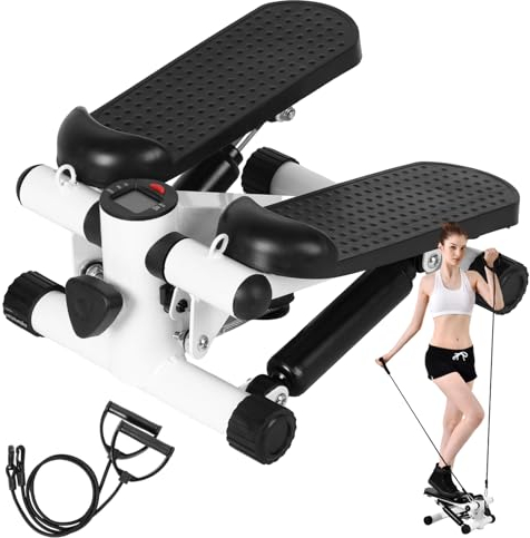 Stepper Übungsmaschine, Gesundheit Fitness Mini Stepper, mit Widerstandsbändern, Upgraded Air Powered Treppen Stepper mit Gewichtsbelastung, Super leise hydraulische Fitness Stepper mit LED Monitor