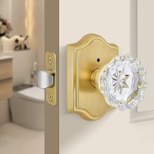 Moquin Privacy Glass Door Knob with Lock, Keyless Vintage Crystal Doorknob with Privacy Button, Satin Brass Interior Crystal Door Knob for Bathroom/Bedroom