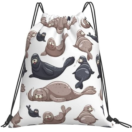 Robben Illustration Seelöwe, Rucksack mit Kordelzug, Unisex, Einkaufstasche, Sporttasche, lässiger Tagesrucksack, Sackpack mit Kordelzug