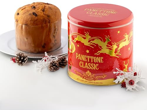 Chiostro di Saronno Panettone Artigianale Classico 1000 g, Lenta Lievitazione, Panettone con Canditi e Uvetta Sultanina, Panettone Tradizionale con Scorze d'Arancia e Cedro, Latta Rossa con Renne
