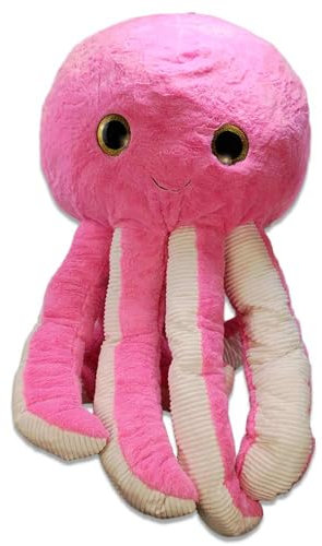 Octopus Kuscheltier XXL - 130 cm Groß (Tentakeln Gestreckt), 60 cm Sitzend, Gelbe Glitzer Augen, Gestickter Mund, Mit Schlaufe, 4 Farben: Gelb, Rosa, Lila und Blau (pink)