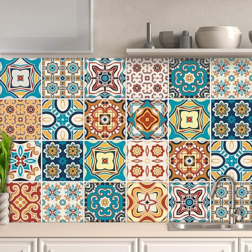 AREDE 32 x Feuilles Mural Stickers Carrelage 2D Imperméables Carreau de Ciment Adhesif, Autocollants Carreaux Dosseret pour Cuisine, Salle de Bain la Décoration à la Maison / 15 x 15 cm / T1002
