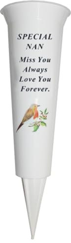 Memorial Grave Flower Pot - 33cm tall Sturdy White Memorial Graveside Flower Vase with Spike and Robin Image (Nan 8699)