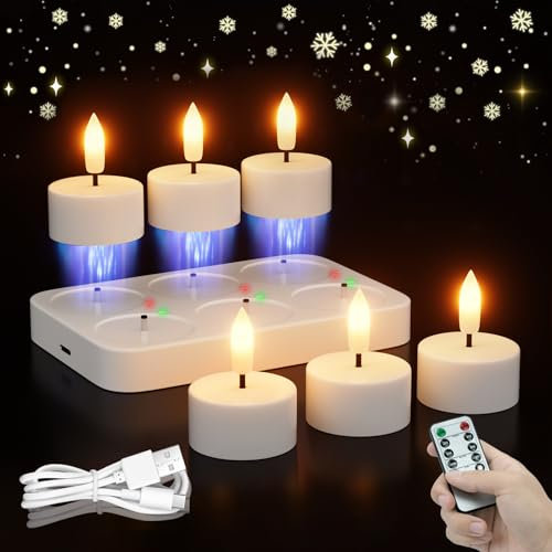 Rechargeable Flameless Tea Lights Candles with Charging Station 6Pcs Battery Tea Lights Candles with Remote & Timer LED Tealight Candles Flickering Realistic for Home Christmas Wedding Decor - White