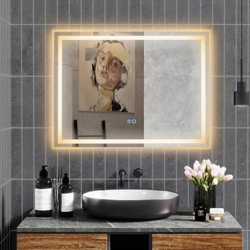 COSTWAY Miroir Salle de Bain avec Eclairage 80 x 60 cm, Miroir Mural Rectangulaire, 3 Couleurs, Luminosité Réglable, Miroir Maquillage Antidéflagrant, Interrupteur Tactile, Fonction Antibuée Mémoire