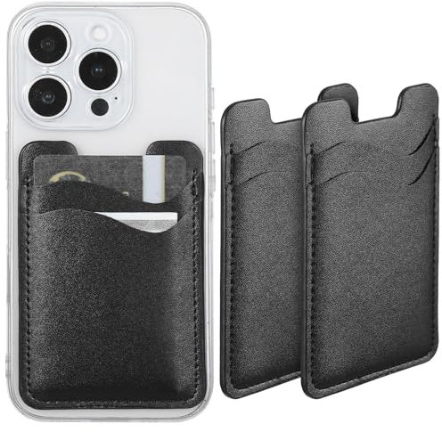 Gjinxi Lot de 2 porte-cartes de téléphone à coller sur le cuir noir - Porte-cartes de crédit autocollant pour téléphone portable avec poche - Compatible avec la plupart des smartphones, noir, onesize
