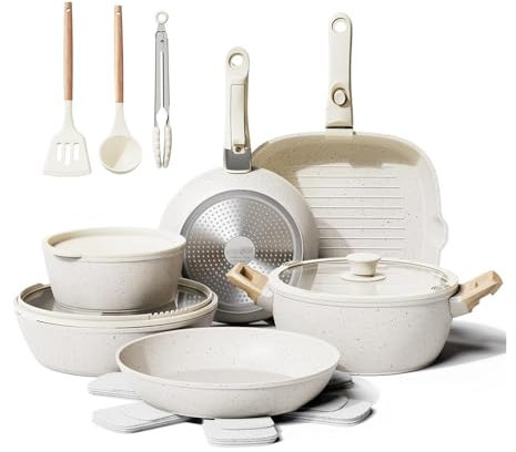 HJZSZX 19 Pcs Pots and Pans Set Non Stick Ceramic Cookware Set with Removable Handles Induction Kitchen Cookware Sets,Cream White,19 pc