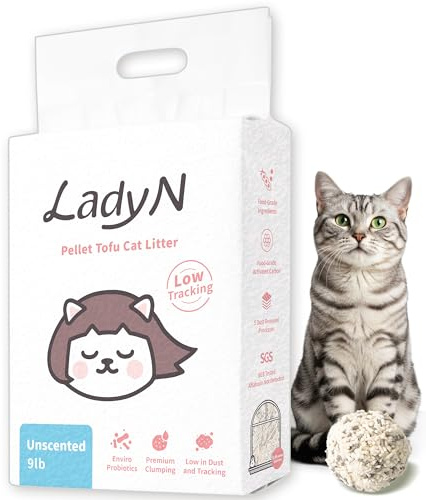 Lady N Pellet Tofu Cat Litter, Strong Clumping Ultra Absorbent, Dust-Free Low Tracking, Enviro-probiotic and Activated Carbon for Odor Control 9lb (1 Pack Unscented)