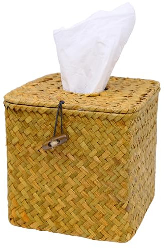INHEMING Taschentuchbox aus Seegras,Aufbewahrungskorb aus geflochtenem Rattan, Handgewebt Kosmetiktücherboxen Taschentuchhalter für Esszimmer Auto Büro(14 x 14 x 14 cm)
