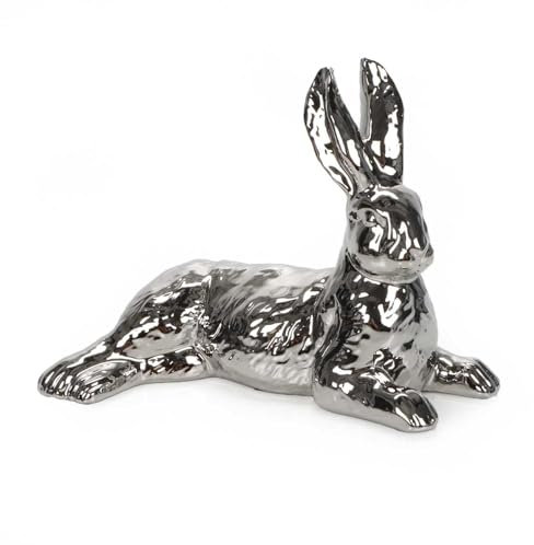 Bubble Store Keramik Osterhase, silberner Hase liegend, dekorative Oster-Figur, Hase mit Fellzeichnung, (LxBxH) ca. 20 x 12,5 x 15,8 cm, Hochglanz Silber