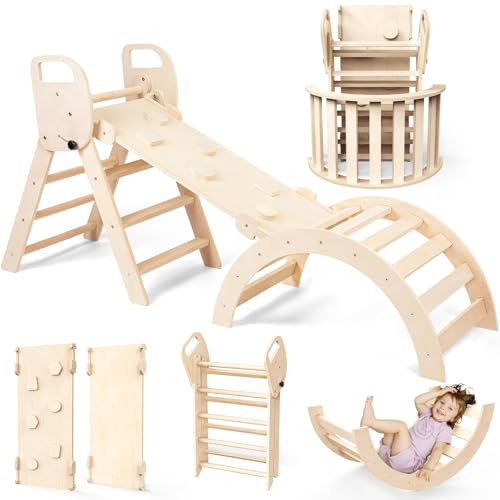 Woodure 7-in-1 Montessori Klettergerüst Indoor Set, Verformbares Kletterdreieck mit Rutsche & Kletterbogen, Hölzernes Pikler Dreieck zum Baby Klettern, Klettergerüst Montessori Spielzeug ab 1-6 Jahre