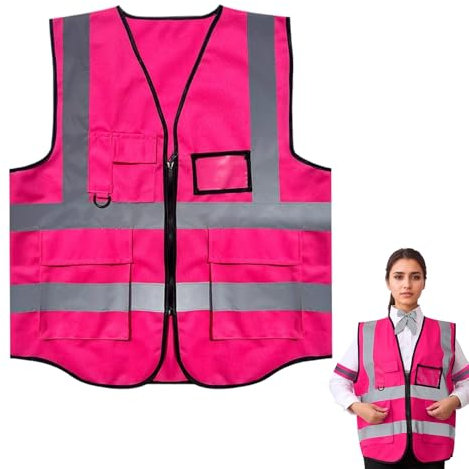 banjiabb Rosa Sicherheitsweste mit Taschen und Reißverschluss,Warnweste Pink,Warnweste,Pinke Warnweste,Weste Pink,Warnweste Damen,für Erwachsene