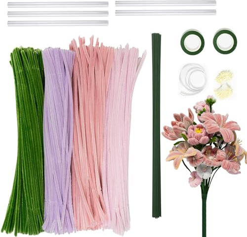 Mocrop 400 Stück Pfeifenreiniger Blumen Set, Pfeifenputzer Zum Basteln, Mit Staubgefäße, Bänder, Heißklebestiften Etc, DIY Blumengeschenke Für Mütter und Freundinnen, Wohnzimmer Hochzeitsdekoration