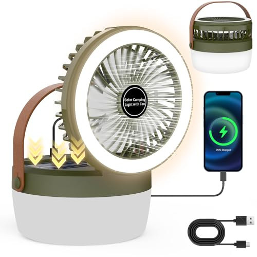 EJYTRVT Ventilador solar de camping con luz LED, ventilador portátil recargable con 3 velocidades, 4 modos de iluminación, alimentado por USB y solar, ventilador plegable y colgante para camping