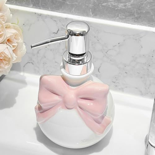 AMYESE Pink Bow Ceramic Soap Dispenser - Cute Lotion Bottle for Girls Women, Refillable Hand Liquid Soap Dispenser with Pump for Bathroom Decor, Dish Soap Bottle for Kitchen Countertop 350ml/11.8oz