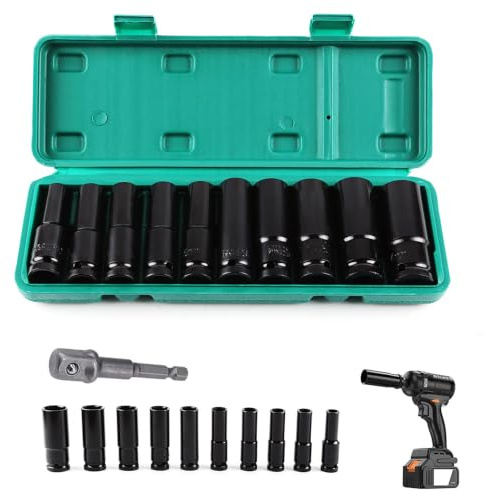 Deep Impact Socket Set,11pcs 1/2 inch 10 to 24mm | Metric Deep Socket Set with 1/4 inch Hex Shank Drive Extension Bar for Car Home DIY and Repair