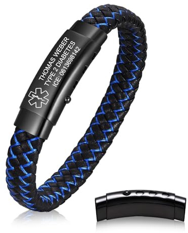 Armband Herren Lederarmband Personalisierte Medizinisches Notfallarmband | Verstellbare Medizinisches Alarm SOS ID Armband mit Gravur Diabetes Epilepsie Allergie Name Telefonnummer Armbänder Herren