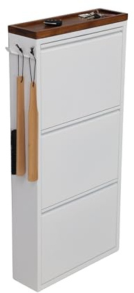 furni24 Schuhschrank Schmal – Platzsparender Metall-Schuhschrank mit Magnetklappen, Platz für 6-10 Paar Schuhe, Wandmontierbar und Vormontiert - 3 Klappen, Weiß-Massivem Nussbaum
