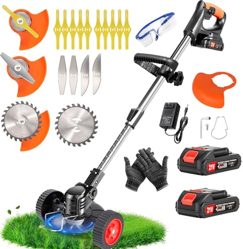 Debroussailleuse Electrique sans Fil 21V, Coupe Bordure sans Fil avec Batterie et Chargeur Rapide & 4 Types Lames, Débroussailleuse à Batterie avec Roue, légères et à Faible Bruit pour Jardin Élagage